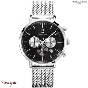 Montre PIERRE LANNIER Collection BARON Cadran Noir Bracelet Acier Milanais Argent