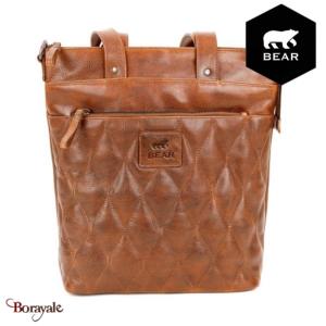 Sac Shopper Bear Design en Cuir de vachette grainé surpiqué bombé Cognac