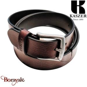 Ceinture Kaszer Indiana en cuir de buffle pleine fleur cognac griffé noir