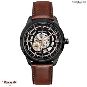 Montre PIERRE LANNIER Collection AUTOMATIC Cadran Noir Cuir Brun automatique Hom