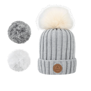 Bonnet + 3 pompons Kir Royal gris clair avec polaire Cabaia 50% acrylique 50% wo