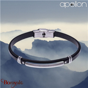 Bracelet Acier et cuir noir italien, Collection: cuir et acier APOLLON