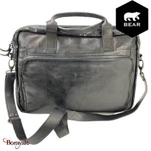 Cartable Bear Design en Cuir de vachette lavé Noir