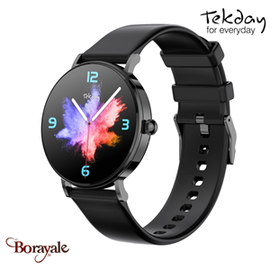 Montre TEKDAY Ronde connectée New 2025 unisexe boîtier argent, silicone noir 656