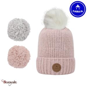 Bonnet + 3 pompons Suissesse rose pâle avec polaire Cabaïa 50% acrylique 50% woo