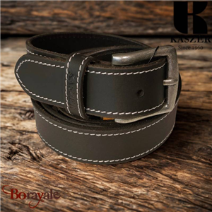 Ceinture KASZER Indiana en cuir de buffle pleine fleur noire couture blanche - 5