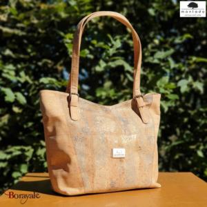 Sac épaule - cabas 32 cm en liège , série: Mappemonde, Montado naturel et Mapa