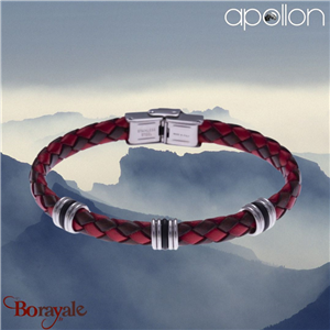 Bracelet Acier et cuir tressé rouge et noir italien, Collection: homme APOLLON