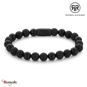 Bracelet Rebel & Rose 8 mm Agate noir, onyx mat et pierre de lave