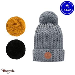 Bonnet + 3 pompons Bandista gris sans polaire Cabaïa 100% acrylique