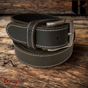 Ceinture KASZER Indiana en cuir de buffle pleine fleur noire couture blanche - 5