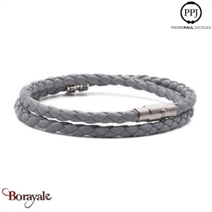 Bracelet Pierre Paul Jacques Cuir tressé Double tour Gris perle BCGP1-M