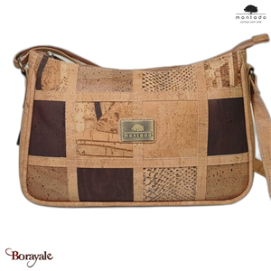 Sac bandoulière 30 cm en liège , série: square mix, Montado naturel et multi cou