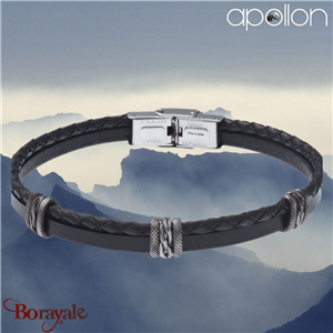 Bracelet homme Apollon, acier et cuir italien noir