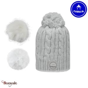 Bonnet + 3 pompons Creamy Gin gris clair avec polaire Cabaïa 100% acrylique