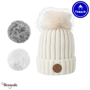 Bonnet + 3 pompons Kir Royal blanc avec polaire Cabaïa 50% acrylique 50% wool