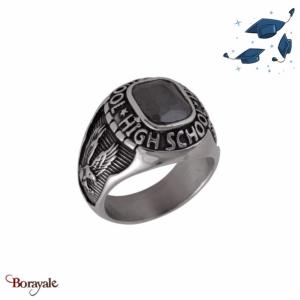 Bague Universitaire américaine High school noire en acier inoxydable Taille : 60