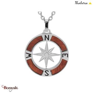 Collier THABORA Rose des vents acier et bois marron