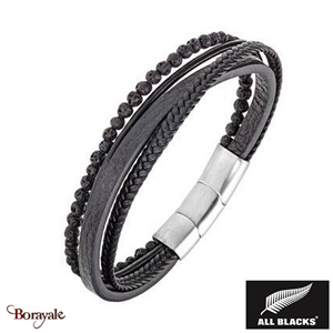 Bracelet Acier, cuir et pierre de lave All Blacks acier et cuir