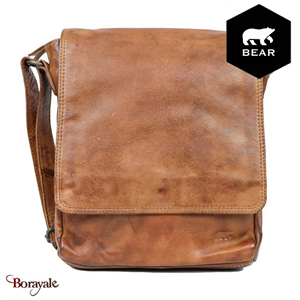 Besace Bear Design en Cuir de vachette lavé Cognac