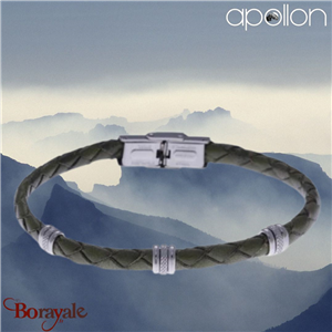 Bracelet Acier et cuir tressé italien vert militaire, Collection: homme APOLLON